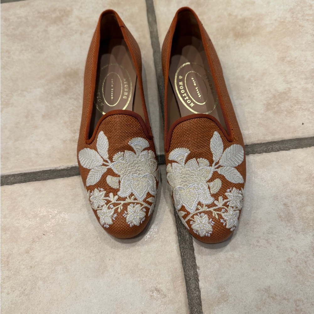 NWOT Stubbs & Wooten Embroidered Brown Slip-On Loafers leather slippers 7